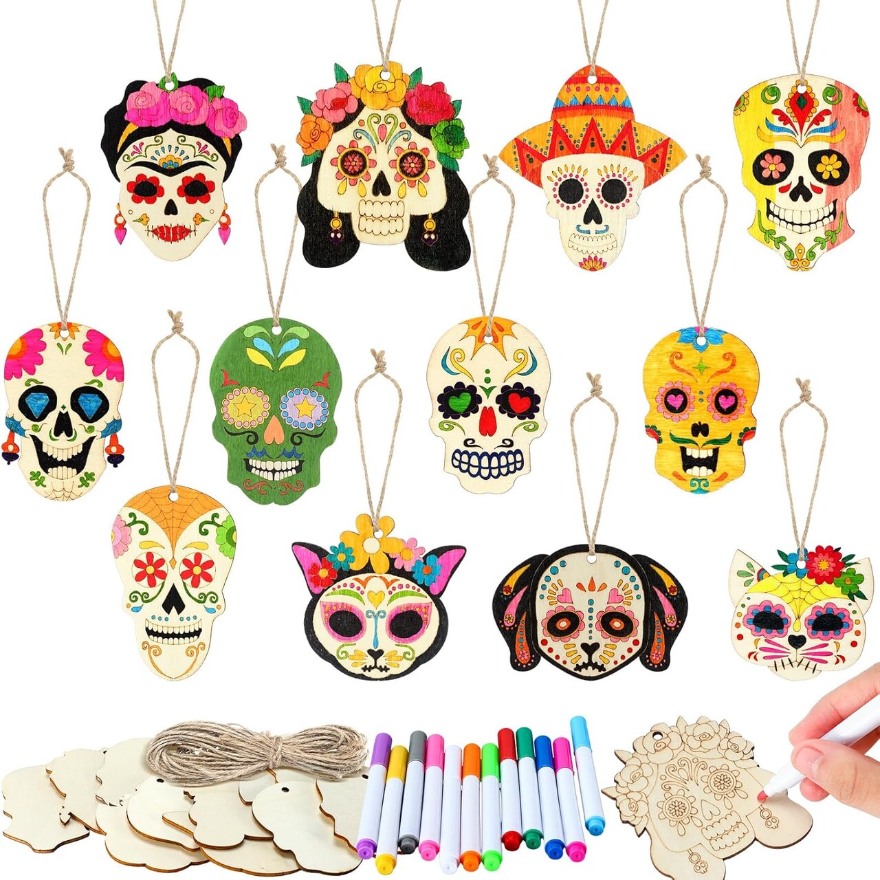 DIY Unfinished Sugar Skull Ornaments Halloween Hanging Blank Skull Crafts with Rope and Coloring Pen for Dia De Los Muertos Party Decorations